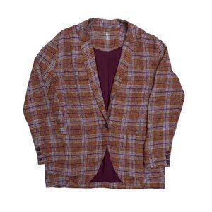 FREE PEOPLE LINEN Oversized Plaid Check Business Casual Blazer Jacket Women XS